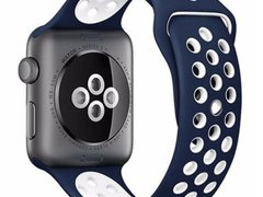 Curea iUni compatibila cu Apple Watch 1/2/3/4/5/6/7, 42mm, Silicon Sport, Albastru/Alb